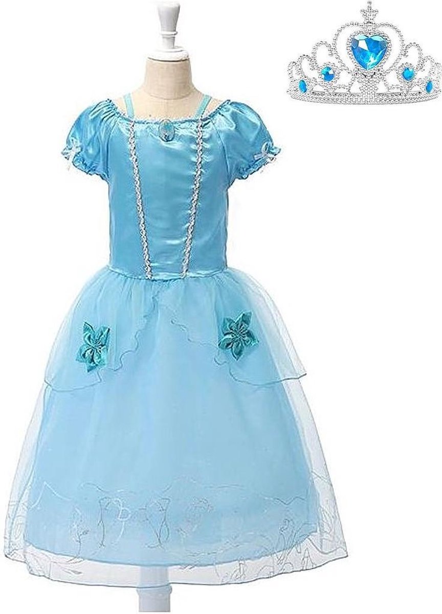 Assepoester jurk Prinsessen jurk verkleedjurk 116-122 (130) blauw met broche + blauwe kroon