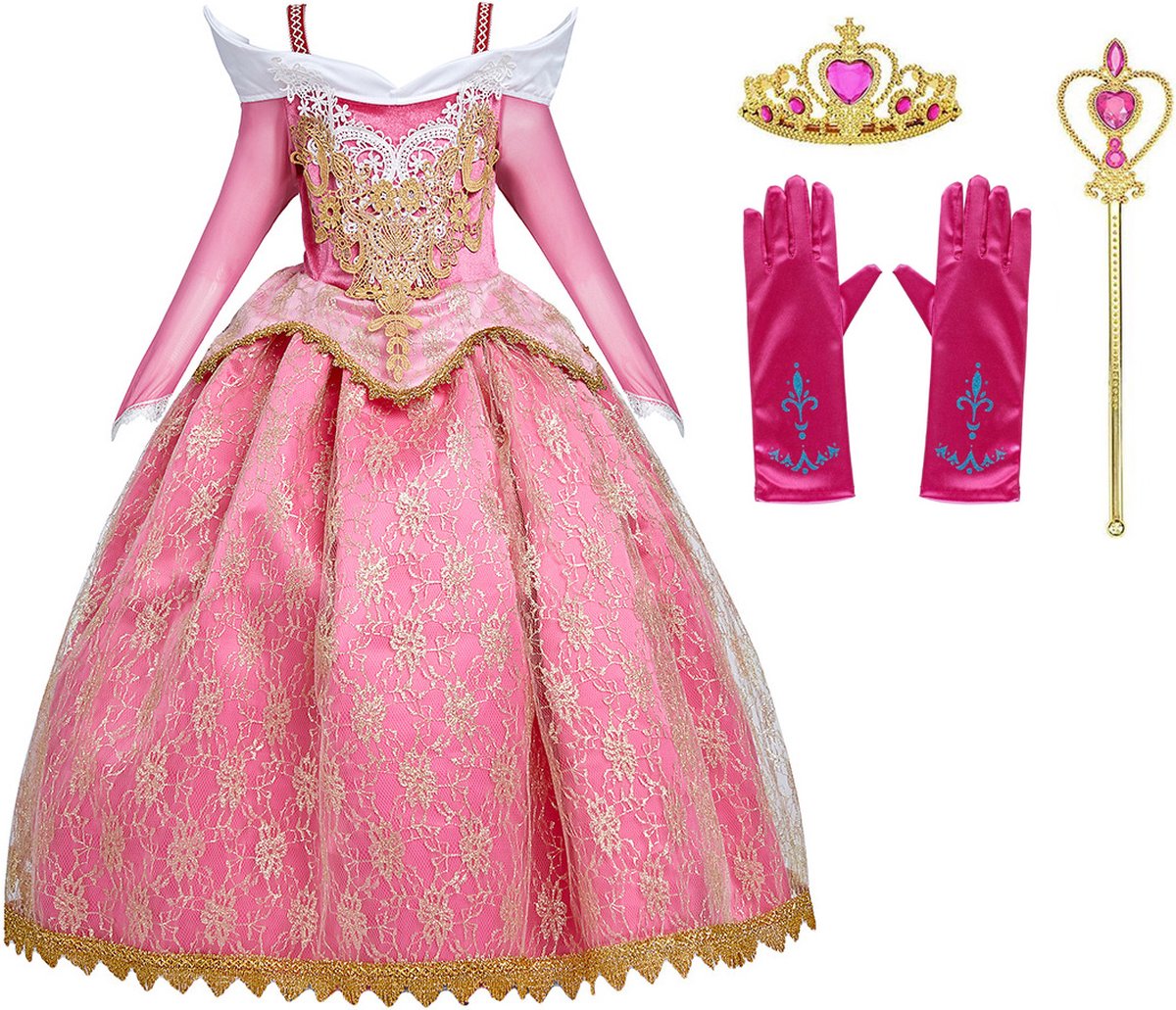 Doornroosje - Prinsessenjurk Meisje - Aurora Jurk - Verkleedkleren Meisje - 140/146 - Prinsessen Verkleedkleding - + Kroon / Staf / Handschoenen / Carnavalskleding Kinderen - Roze