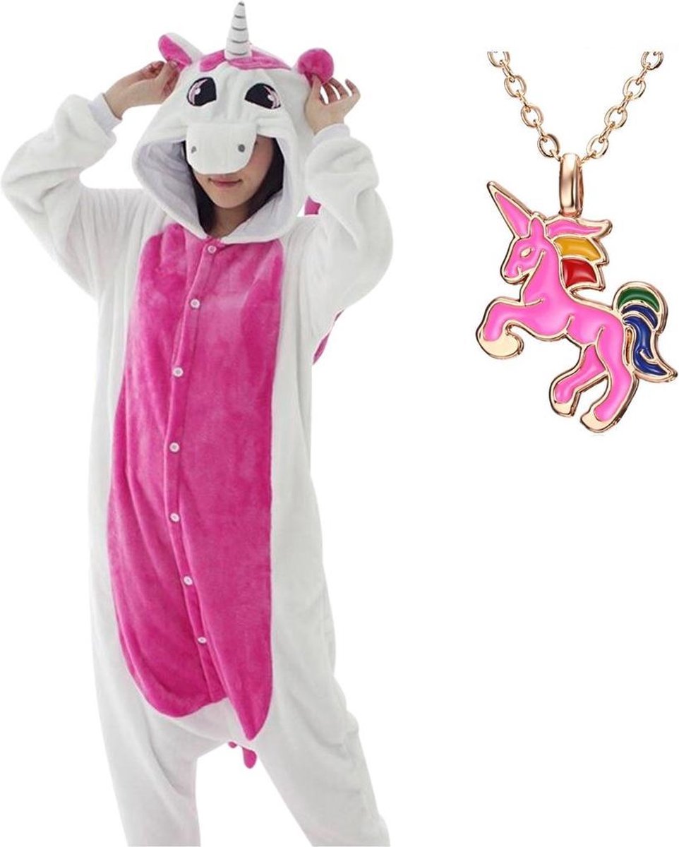 Eenhoorn Onesie Pegasus roze huispak kostuum kinderen - 116-122 (120) + ketting verkleedkleding jurk