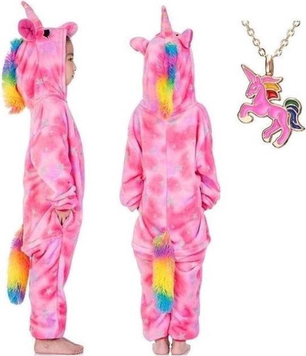 Eenhoorn Onesie Unicorn roze huispak kostuum kinderen - 176-182 (L) + ketting verkleedkleding jurk meisje