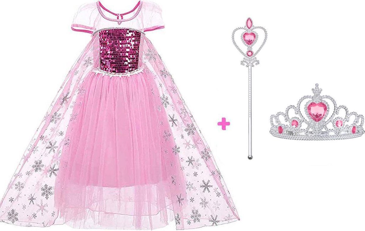 Elsa Jurk | Luxe Verkleedjurk | Prinsessenjurk Meisje |maat 140/146 (150)| Verkleedkleren Meisje | Frozen Jurk | Prinsessen Verkleedkleding | Carnavalskleding Kinderen | Roze