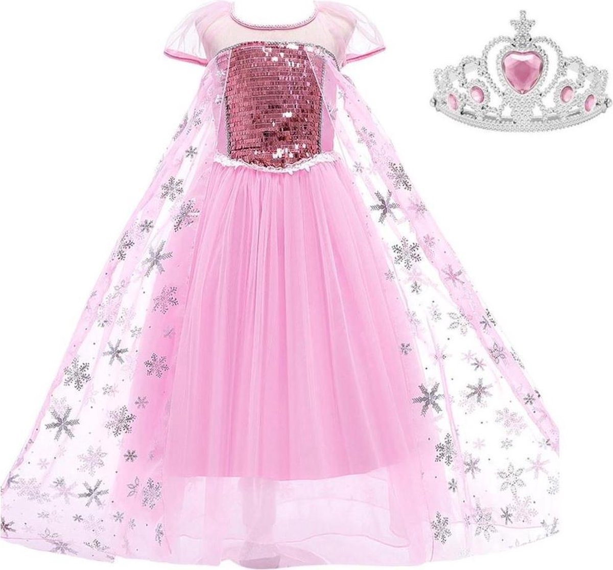 Elsa jurk Sneeuwvlok Luxe prinsessen jurk roze 122-128 (130) + roze kroon verkleedkleding