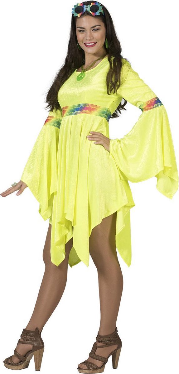 Fluo geel hippie jurk voor vrouwen - Verkleedkleding - Maat L