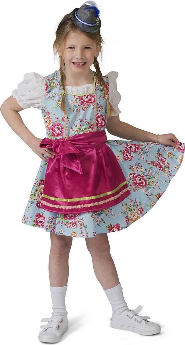 Funny Fashion - Boeren Tirol & Oktoberfest Kostuum - Blauw Roze Tiroler Dirndl Rosalinde - Meisje - blauw - Maat 116 - Bierfeest - Verkleedkleding