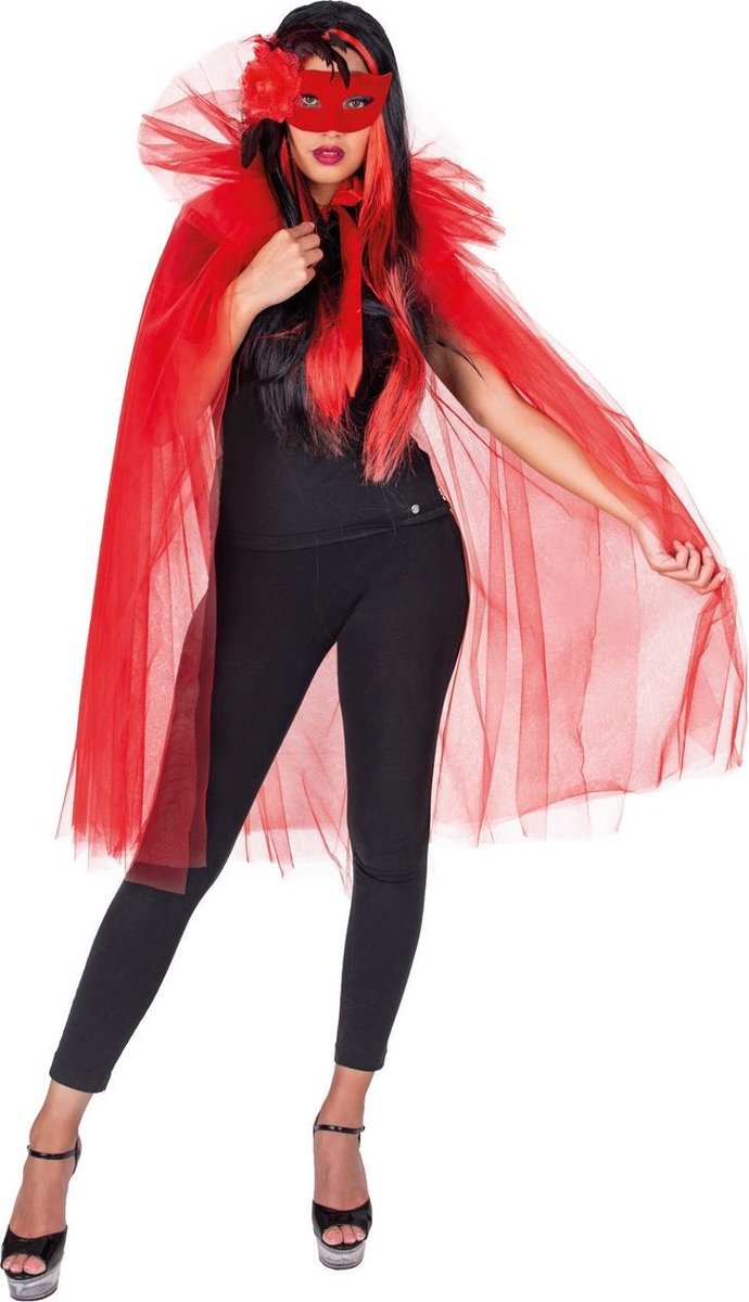 Funny Fashion - Duivel Kostuum - Mysterieuze Rode Cape Tule - rood - One Size - Halloween - Verkleedkleding