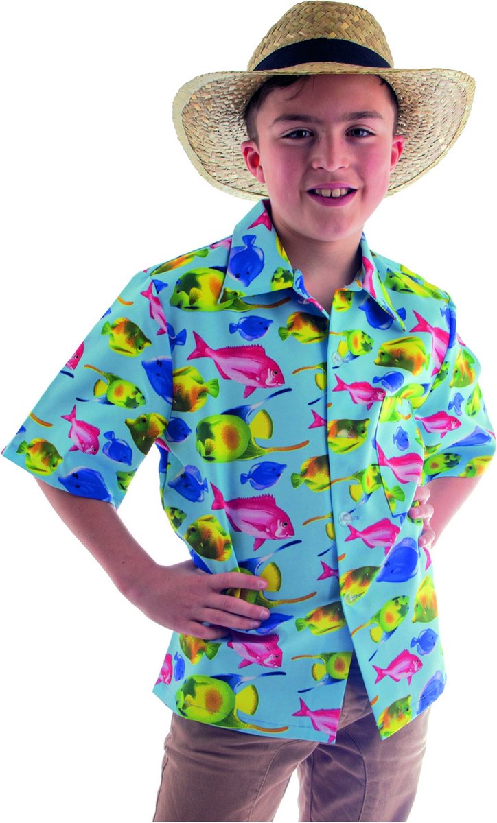 Funny Fashion - Hawaii & Carribean & Tropisch Kostuum - Als Een Vis In Het Water Hawaii Shirt Jongen - blauw - Maat 116 - Carnavalskleding - Verkleedkleding