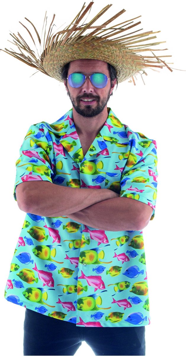 Funny Fashion - Hawaii & Carribean & Tropisch Kostuum - Tropische Vissen Hawaii Shirt Man - blauw - Maat 56-58 - Carnavalskleding - Verkleedkleding