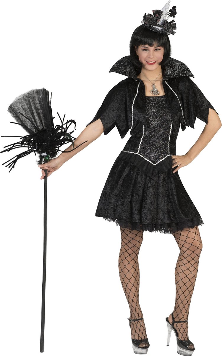 Funny Fashion - Heks & Spider Lady & Voodoo & Duistere Religie Kostuum - Chique Heksenvampier - Vrouw - zwart - Maat 40-42 - Halloween - Verkleedkleding