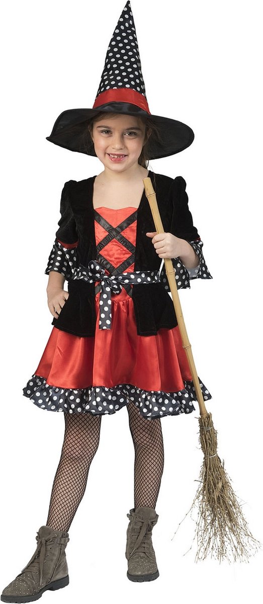 Funny Fashion - Heks & Spider Lady & Voodoo & Duistere Religie Kostuum - Heks Vol Stippen - Meisje - rood,zwart - Maat 128 - Halloween - Verkleedkleding