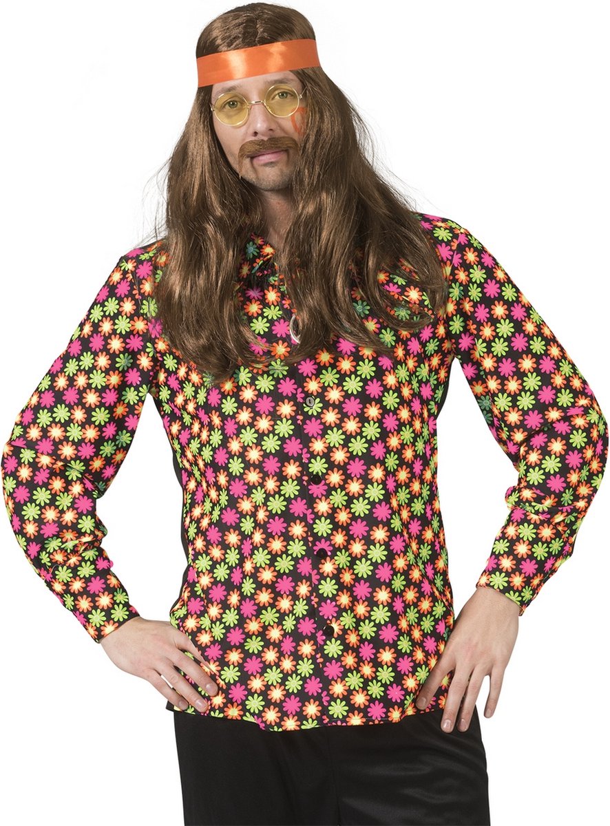 Funny Fashion - Hippie Kostuum - Fluor Flower Power Goes Disco Shirt Man - geel,roze - Maat 52-54 - Carnavalskleding - Verkleedkleding