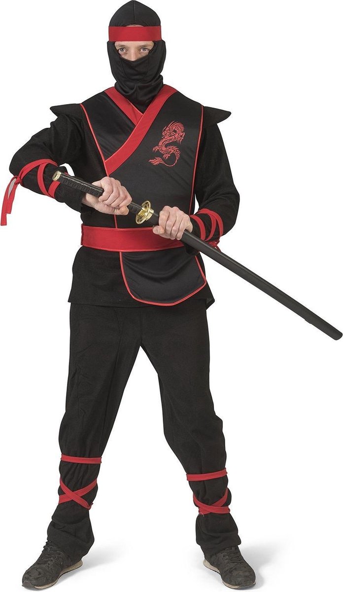 Funny Fashion - Ninja & Samurai Kostuum - Rood Zwarte Ninja Strijder Vol Doodsverachting - Man - rood,zwart - Maat 52-54 - Carnavalskleding - Verkleedkleding