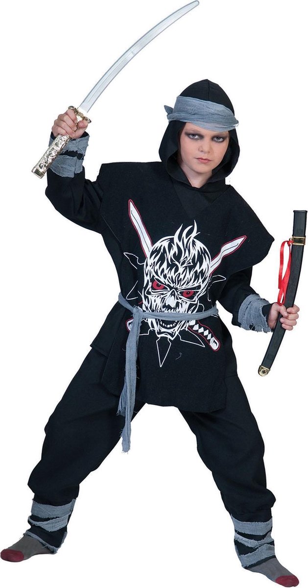 Funny Fashion - Ninja & Samurai Kostuum - Shakumi Ninja - Jongen - zwart - Maat 116 - Carnavalskleding - Verkleedkleding