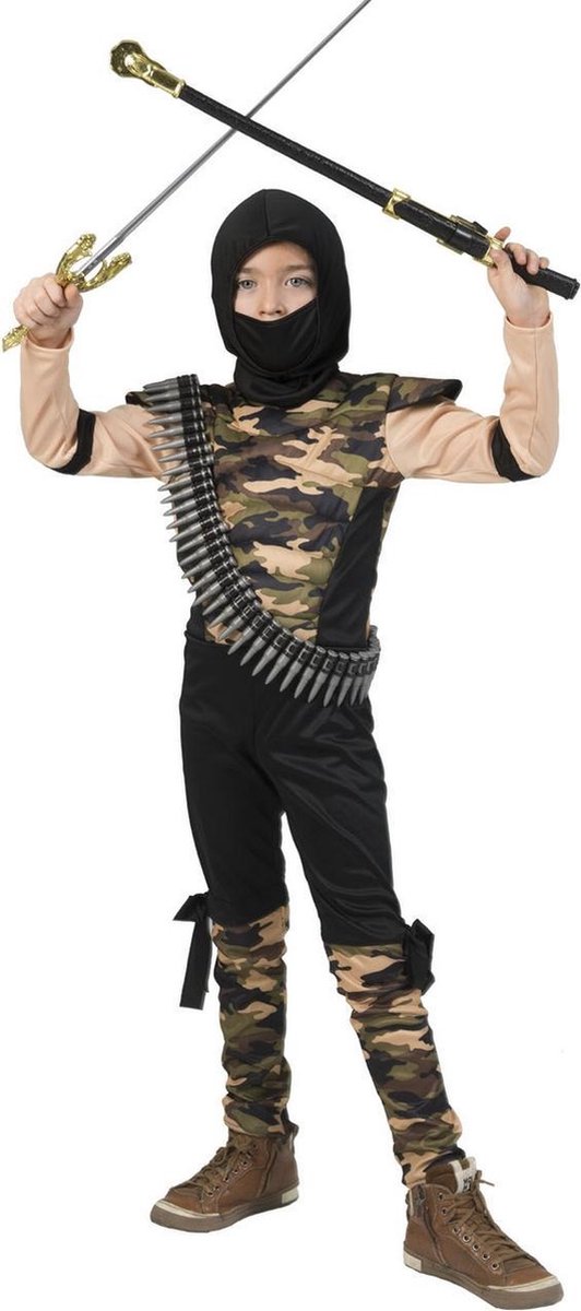 Funny Fashion - Ninja & Samurai Kostuum - Speciale Commandotroepen Ninja - Jongen - bruin,zwart - Maat 116 - Carnavalskleding - Verkleedkleding