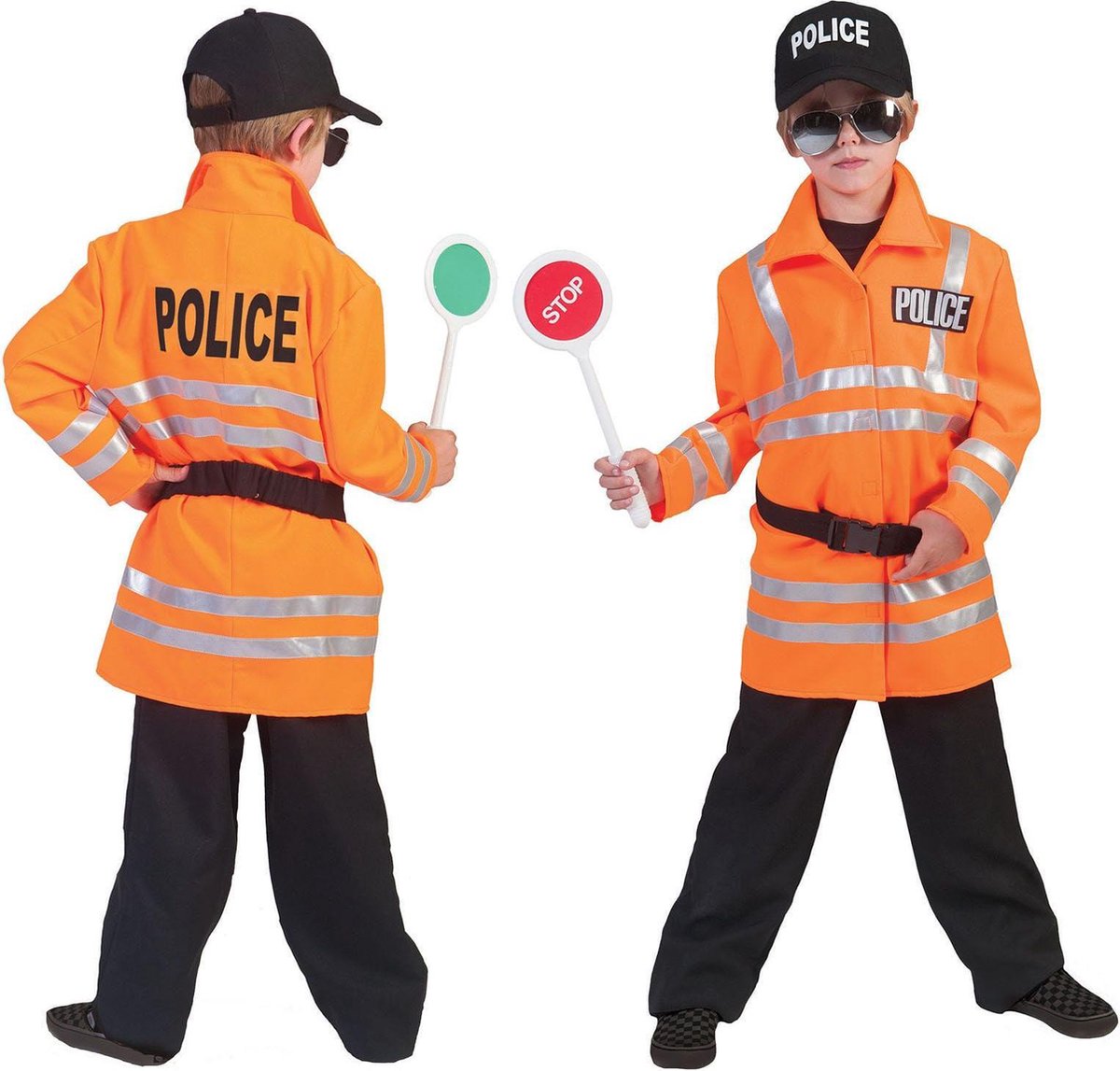 Funny Fashion - Politie & Detective Kostuum - Neon Oranje Politie - Jongen - oranje - Maat 140 - Carnavalskleding - Verkleedkleding