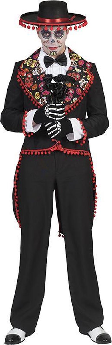 Funny Fashion - Spaans & Mexicaans Kostuum - Muerto Manuel Kostuum - zwart - Maat 60-62 - Halloween - Verkleedkleding