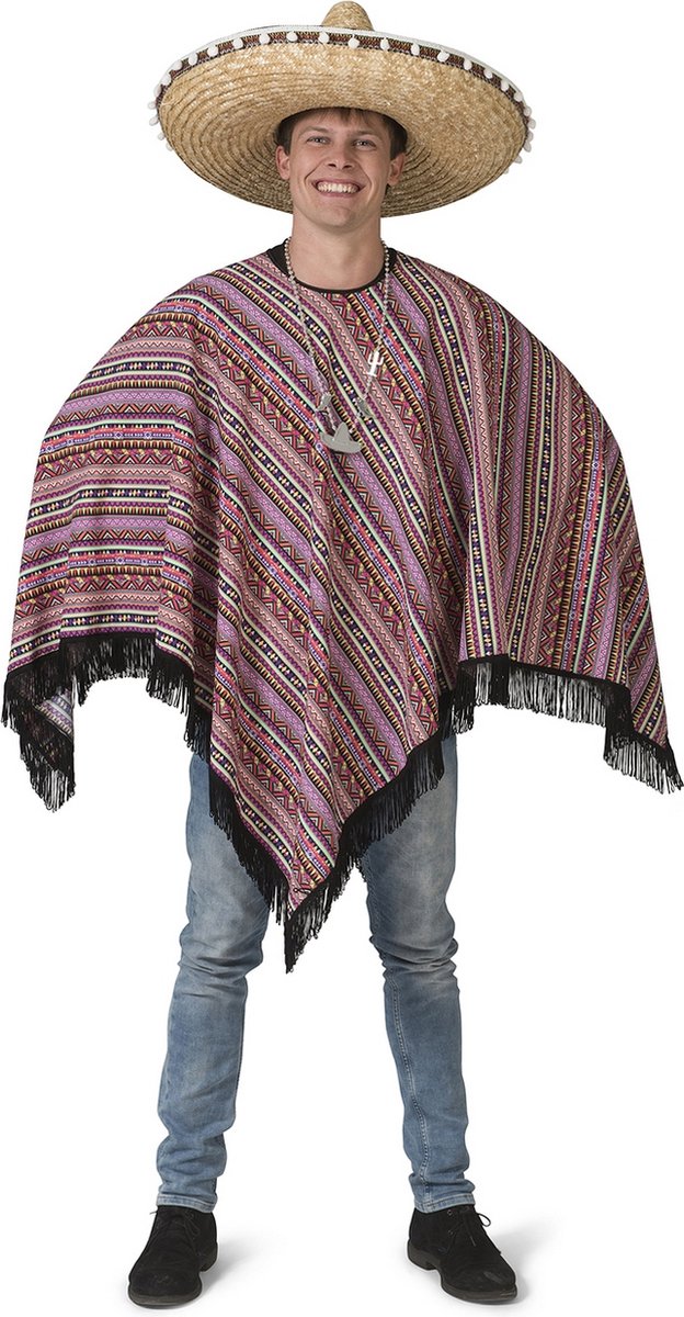 Funny Fashion - Spaans & Mexicaans Kostuum - Poncho Raul Mexicaanse Mariachi - Man - roze - One Size - Carnavalskleding - Verkleedkleding