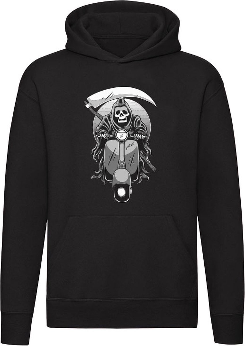 Grim op scooter | Halloween | oktober | skelet | eng | akelig | Unisex | Trui | Hoodie | Sweater | Capuchon