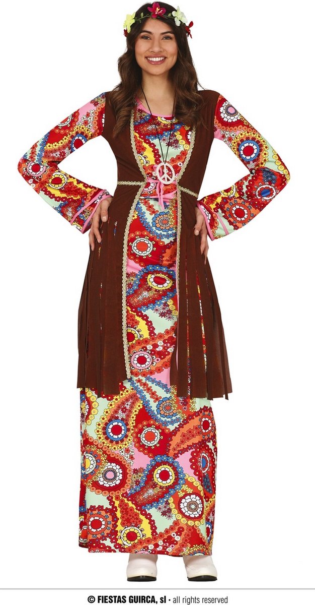 Guirca - Hippie Kostuum - Maxi Dress Hippe Hippie - Vrouw - bruin,multicolor - Maat 42-44 - Carnavalskleding - Verkleedkleding