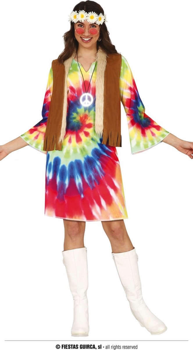 Guirca - Hippie Kostuum - Tie Dye Festival Jurk Hippie Vrouw - bruin,multicolor - Maat 36-38 - Carnavalskleding - Verkleedkleding