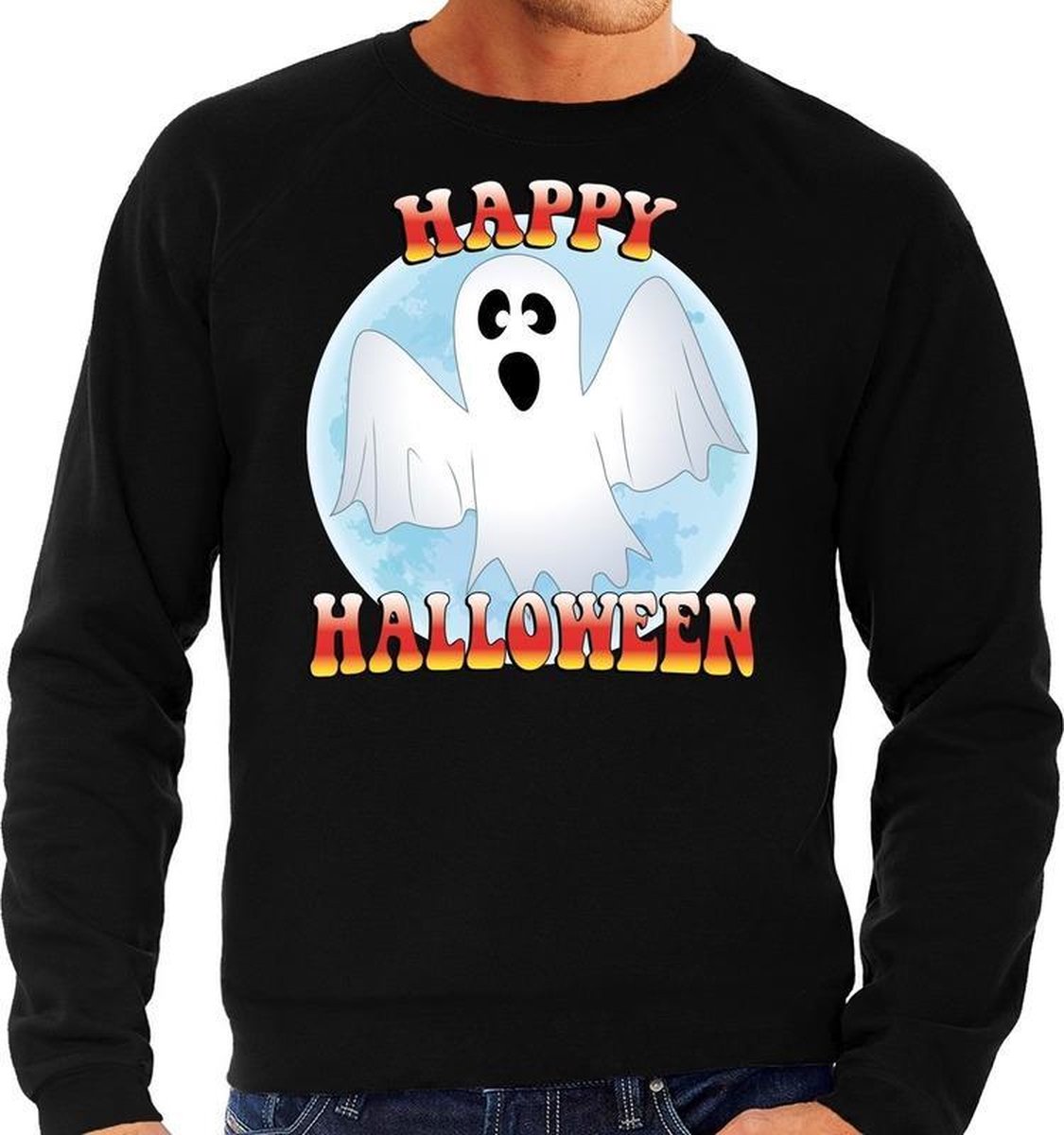 Halloween Happy Halloween spook verkleed sweater zwart voor heren - horror spook trui / kleding / kostuum L