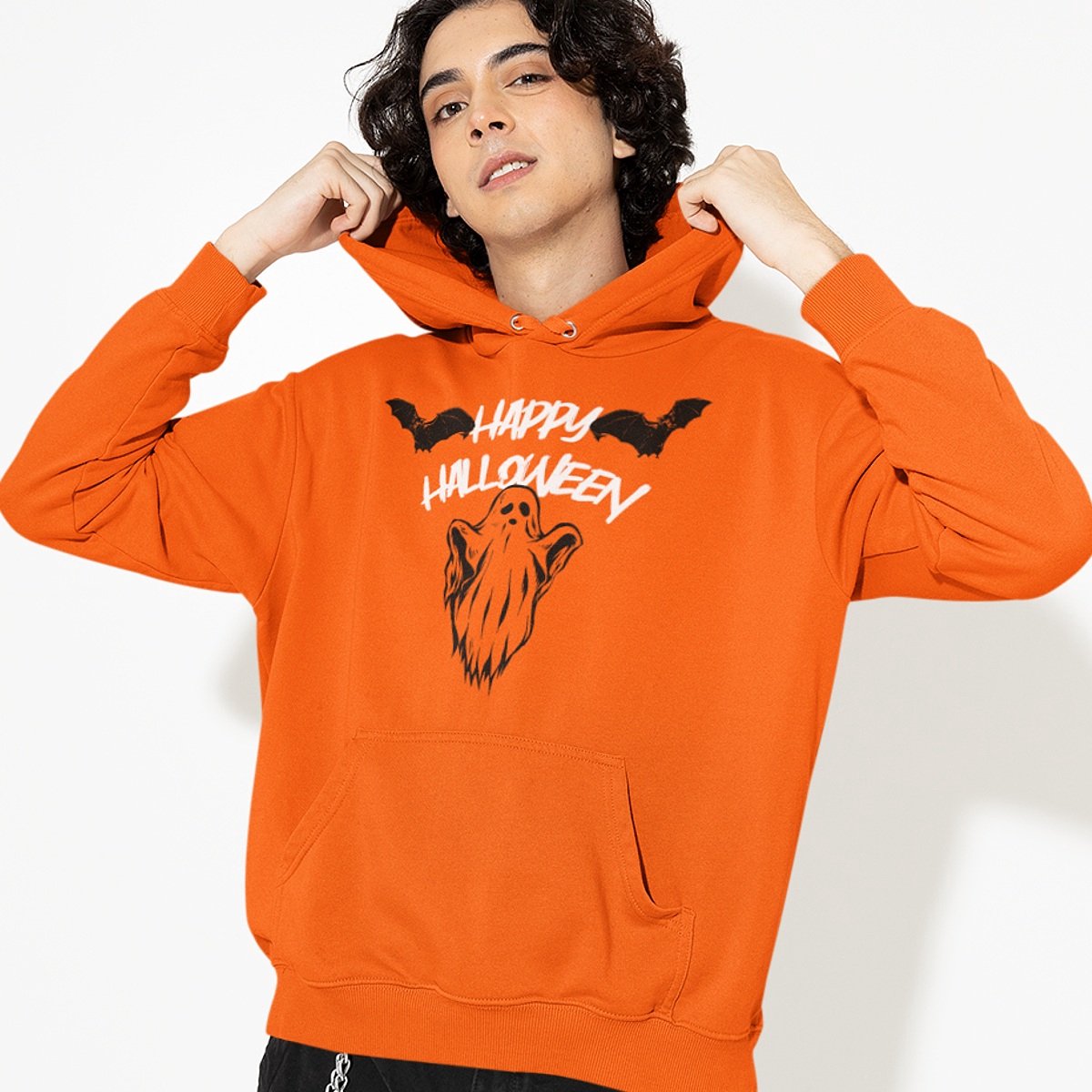 Halloween Hoodie - Ghost & Bats Oranje (MAAT XS - UNISEKS FIT) - Halloween kostuum voor volwassenen - Dames & Heren