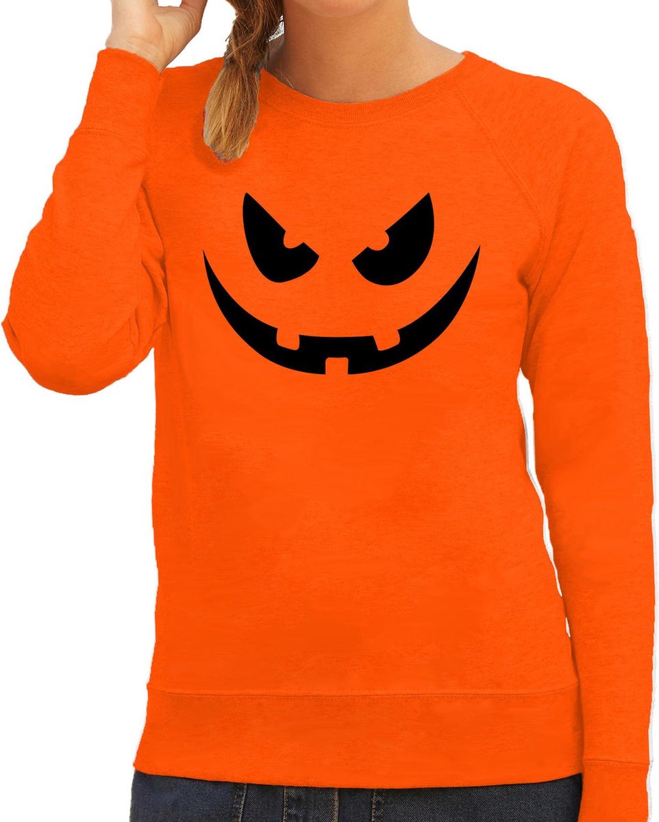 Halloween Pompoen gezicht halloween verkleed sweater oranje - dames - horror trui / kleding / kostuum XL