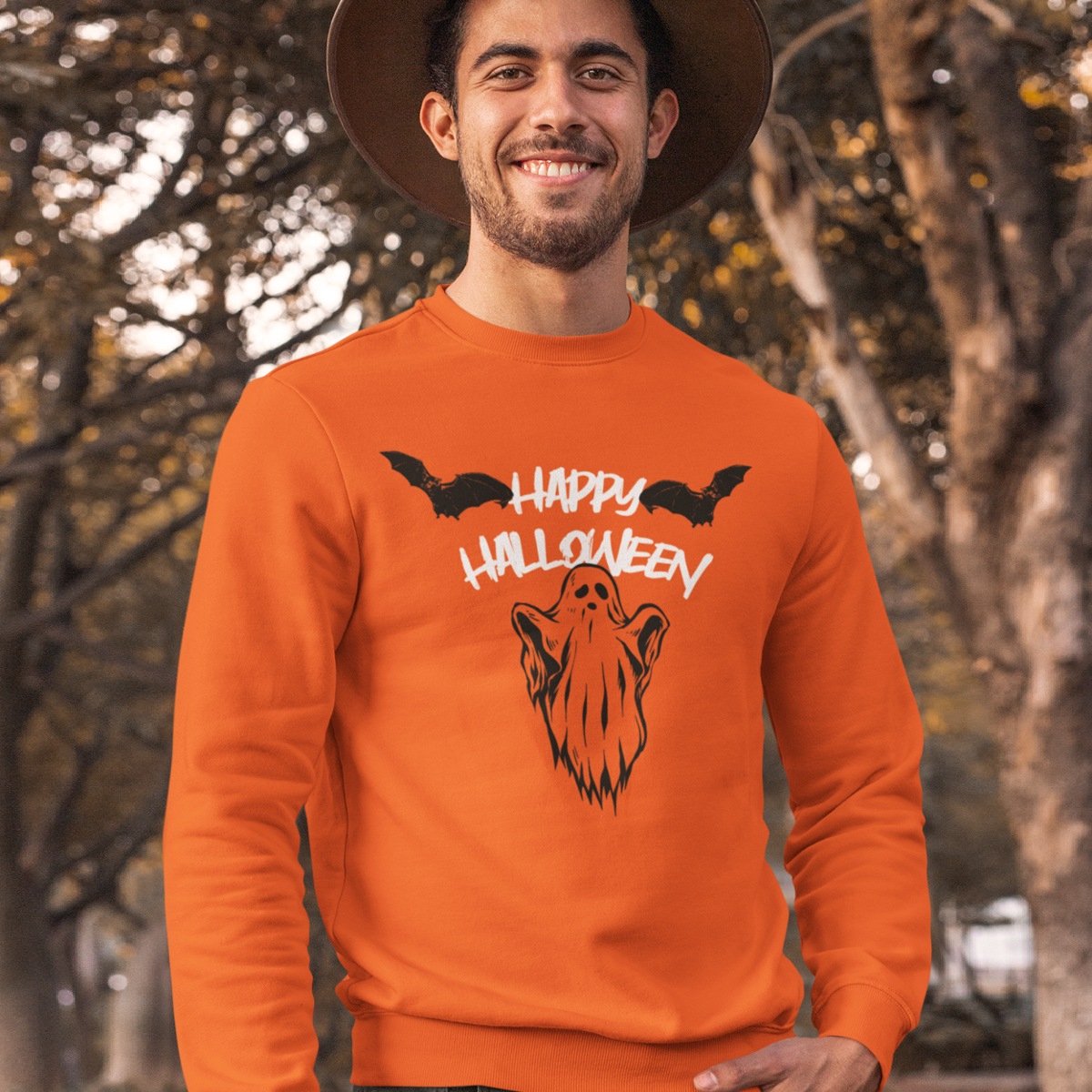 Halloween Trui - Ghost & Bats Oranje (MAAT 3XL - UNISEKS FIT) - Halloween kostuum voor volwassenen - Dames & Heren