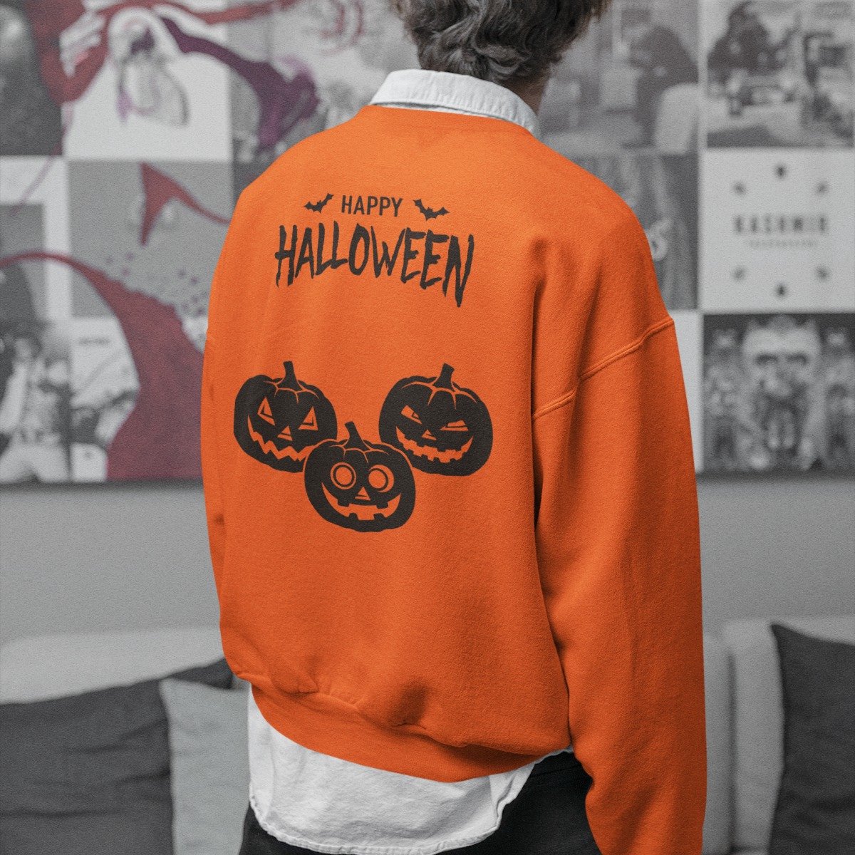 Halloween Trui - Happy Halloween Pumpkins Oranje Back (MAAT L - UNISEKS FIT) - Halloween kostuum voor volwassenen - Dames & Heren