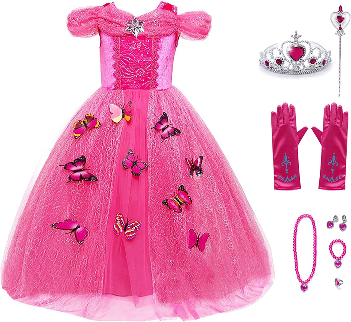 Het Betere Merk - Assepoester - Cinderella - Prinsessenjurk meisje maat 122/128(130)- Verkleedkleren meisje - Kroon - Toverstaf - prinsessenhandschoenen - accessoires