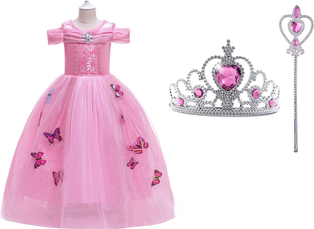 Het Betere Merk - Assepoester - Cinderella - prinsessenjurk roze vlinders - verkleedkleren meisje - maat 110/116(120) - Assepoester roze jurk - carnavalskleding kinderen