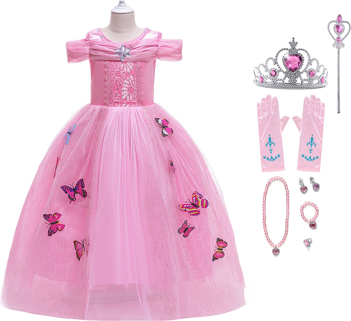 Het Betere Merk - Assepoester - Cinderella - prinsessenjurk roze vlinders - verkleedkleren meisje - maat 122/128(130) - Assepoester roze jurk - carnavalskleding kinderen