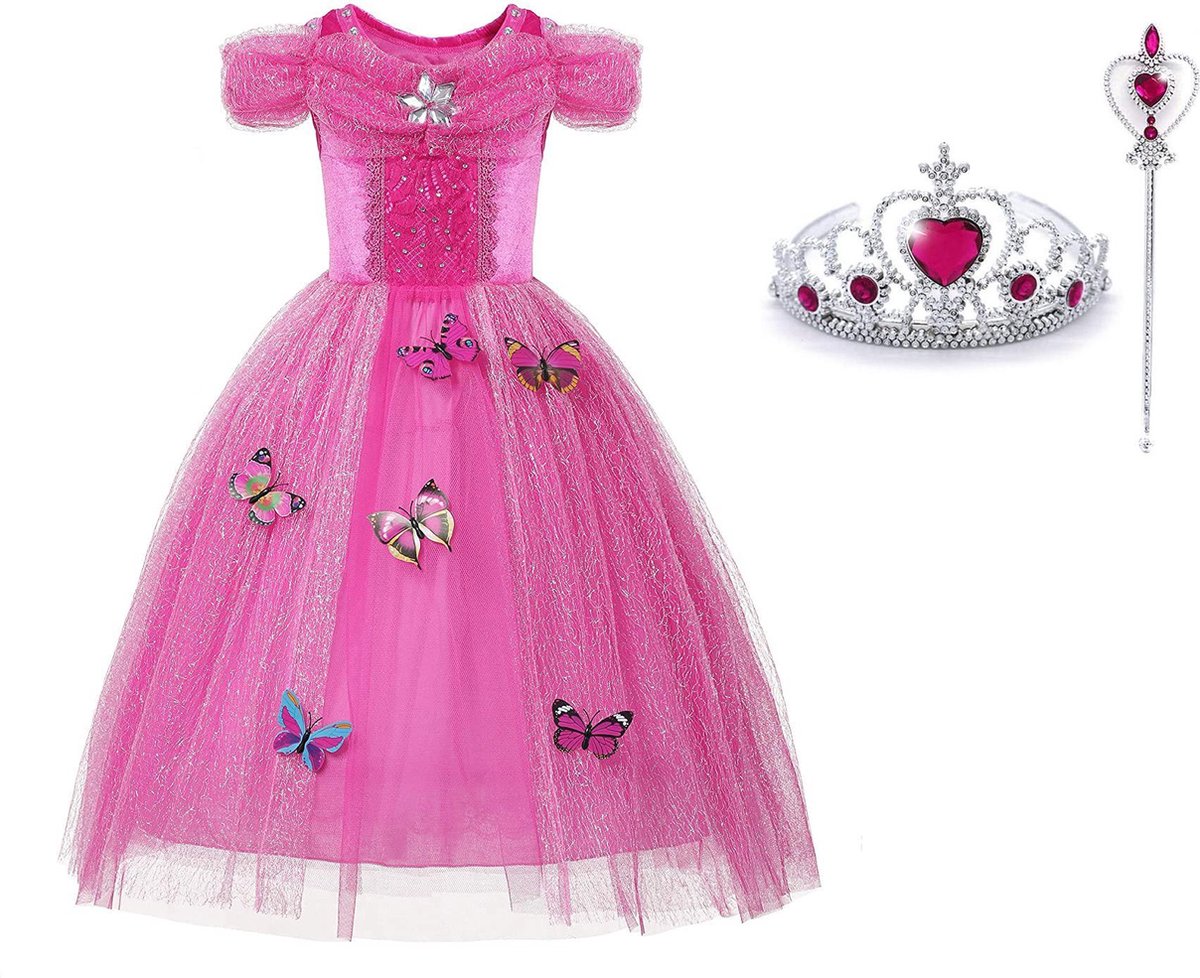 Het Betere Merk - Assepoester roze jurk - Cinderella - prinsessenjurk roze vlinders - verkleedkleren meisje - maat 110/116 (120) - carnavalskleding kinderen