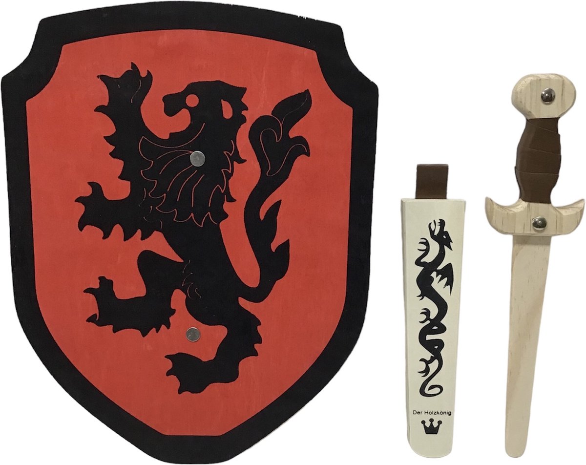 Houten Dolk met schede en ridderschild rood zwarte leeuw schild zwaard ridder kinderzwaard