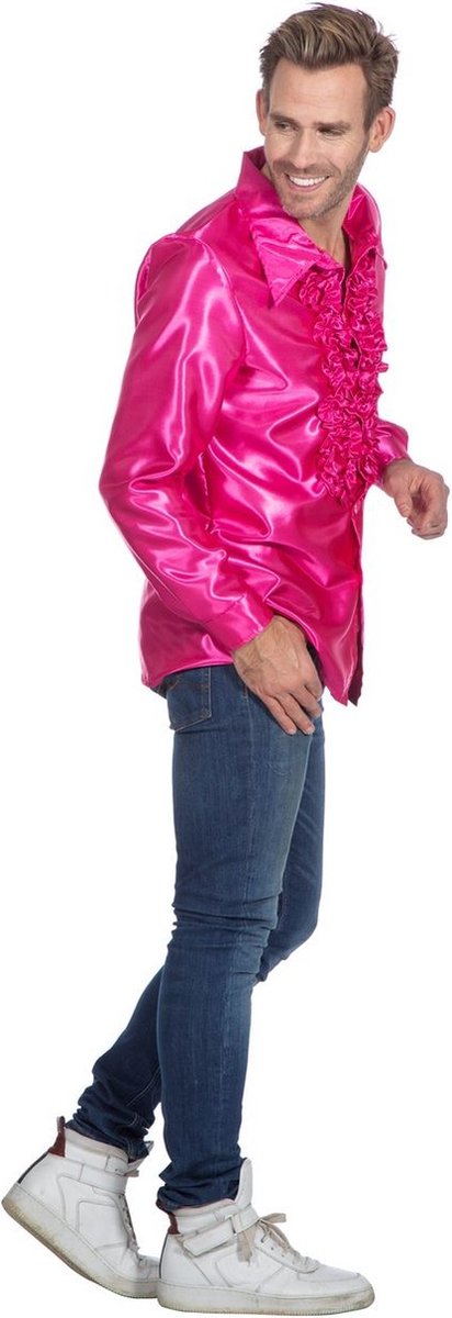 Jaren 80 & 90 Kostuum | Roze Ruchesblouse Satijn Foute Disco | Maat 52 | Carnaval kostuum | Verkleedkleding