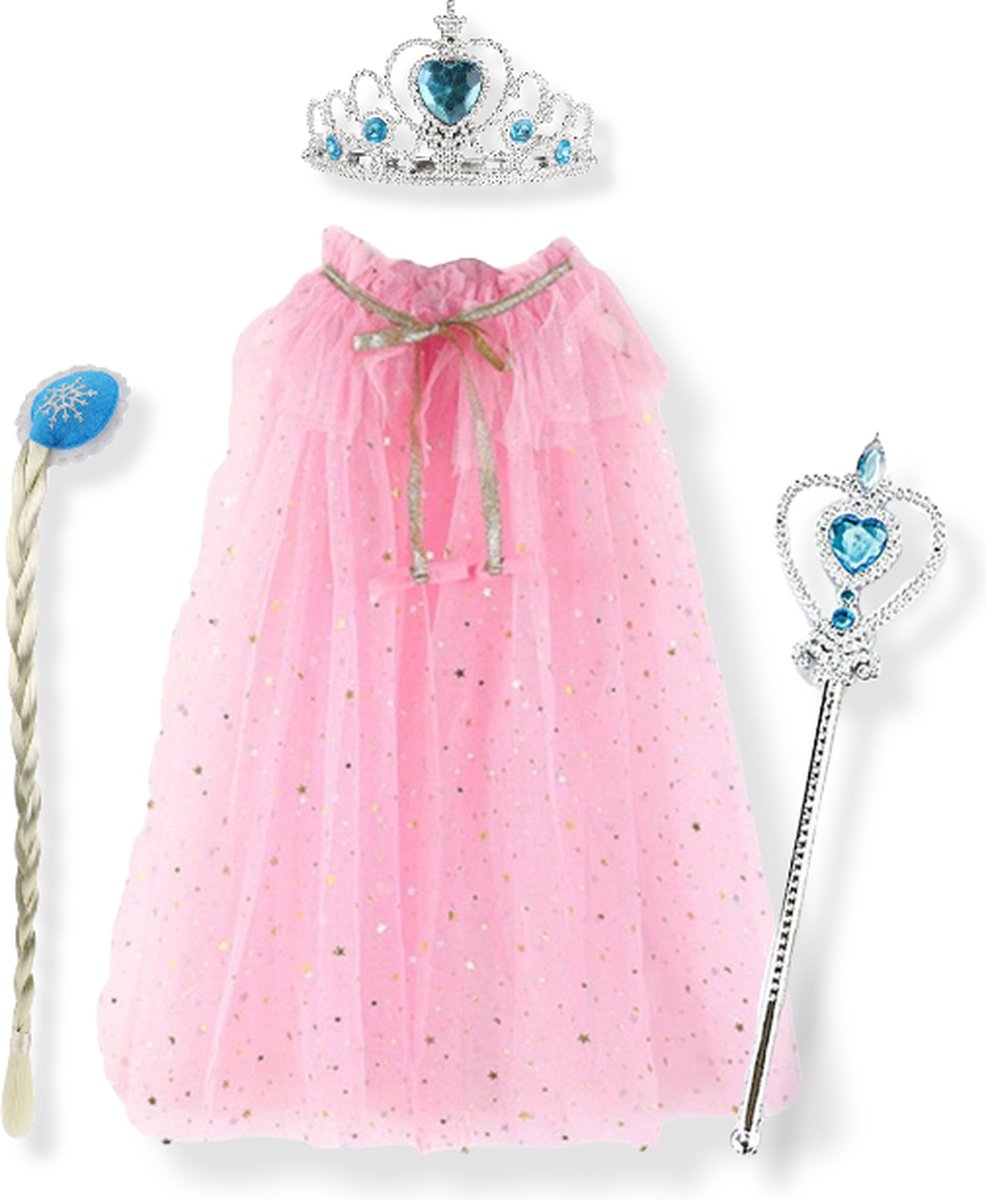 Jobber - SET - Cape - Tiara - Kroon - Toverstaf - Vlecht - Frozen - Prinses - Roze - Verkleedkleding