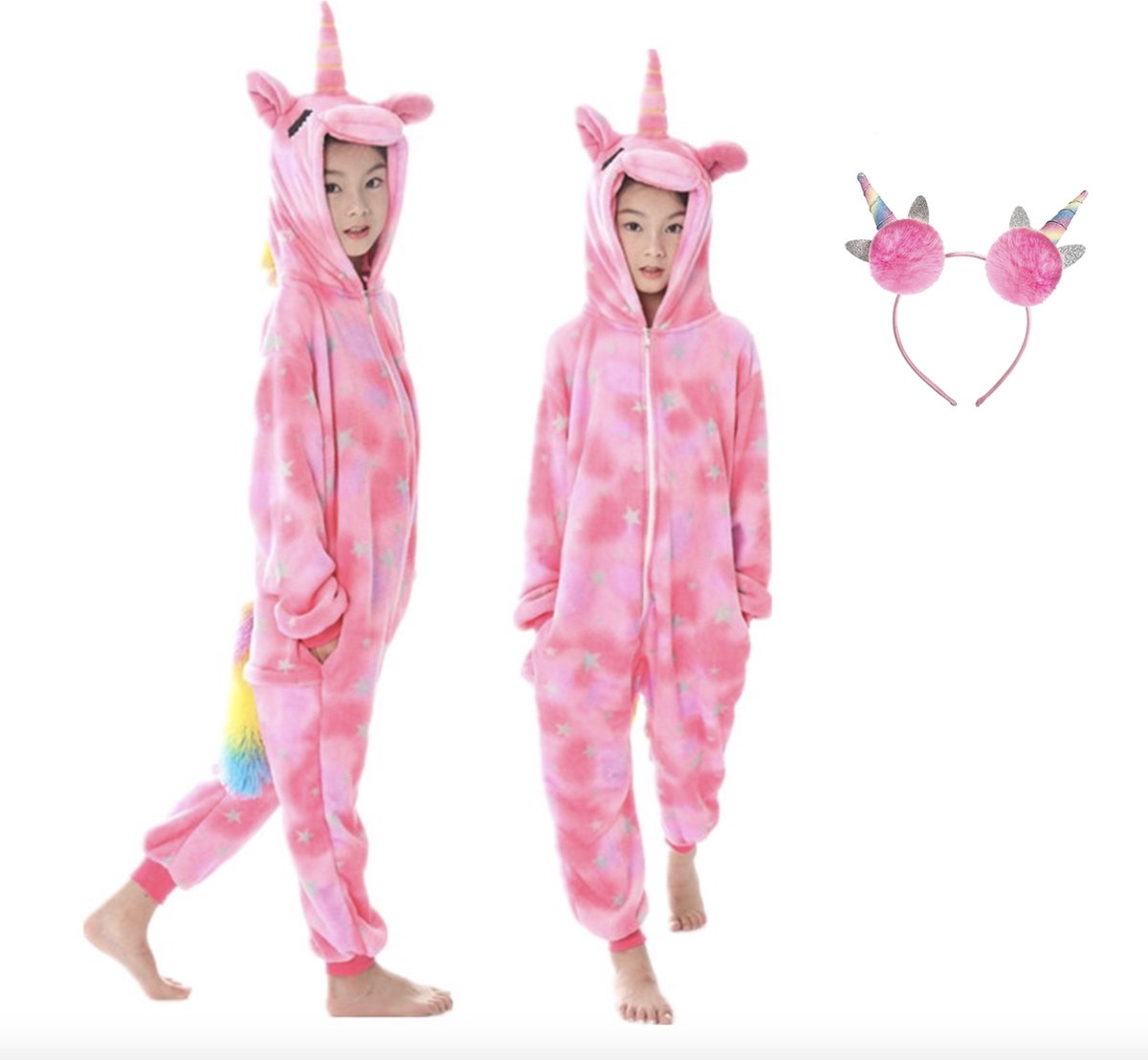 Joya Beauty® Eenhoorn Onesie | Unicorn roze huispak | Verkleed kostuum kinderen | verkleedkleding jurk | Maat 98/104 (100) + Haarband | Cadeau meisje