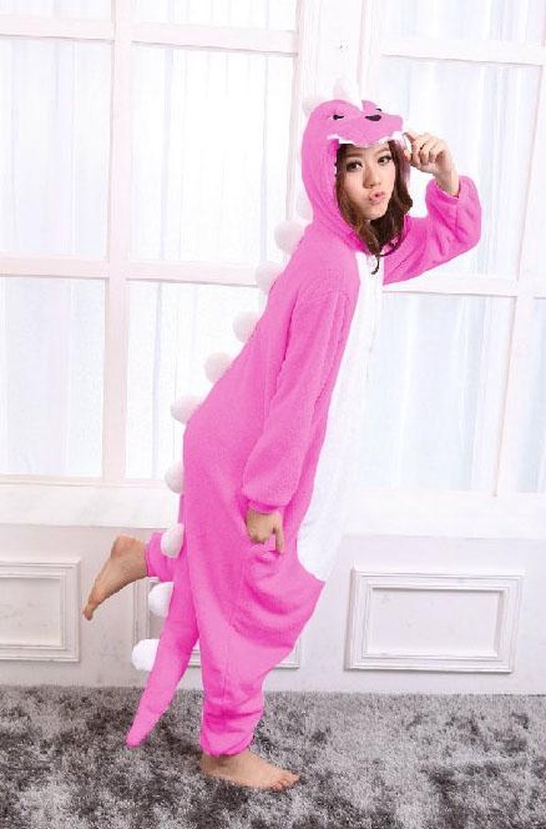 KIMU Onesie draak roze pak kostuum dino - maat XS-S - drakenpak jumpsuit huispak