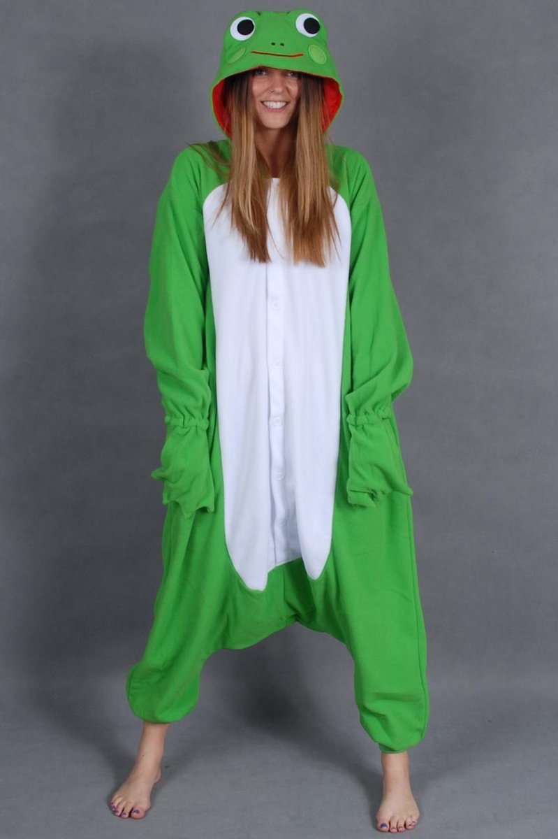 KIMU Onesie kikker pak kind kostuum groen - maat 110-116 - kikkerpak jumpsuit pyjama