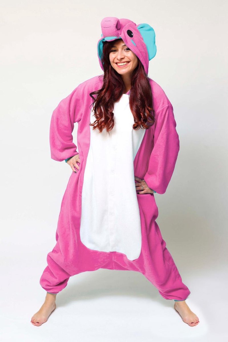 KIMU Onesie olifant roze pak kostuum - maat L-XL - olifantenpak jumpsuit huispak