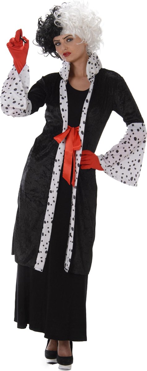 Karnival Costumes Cruella Boze Vrouw Dalmatiers Halloween Kostuum Dames Halloween Kostuum Volwassenen Carnavalskleding Dames Carnaval - Polyester - Zwart/Wit - Maat L - 3-Delig Jas/Handschoenen/Pruik