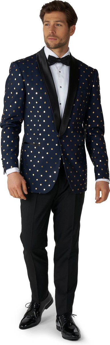 OppoSuits Goldy Dots - Heren Tuxedo Smoking met Vlinderdas - Chique -Donkerblauw- Maat EU 46