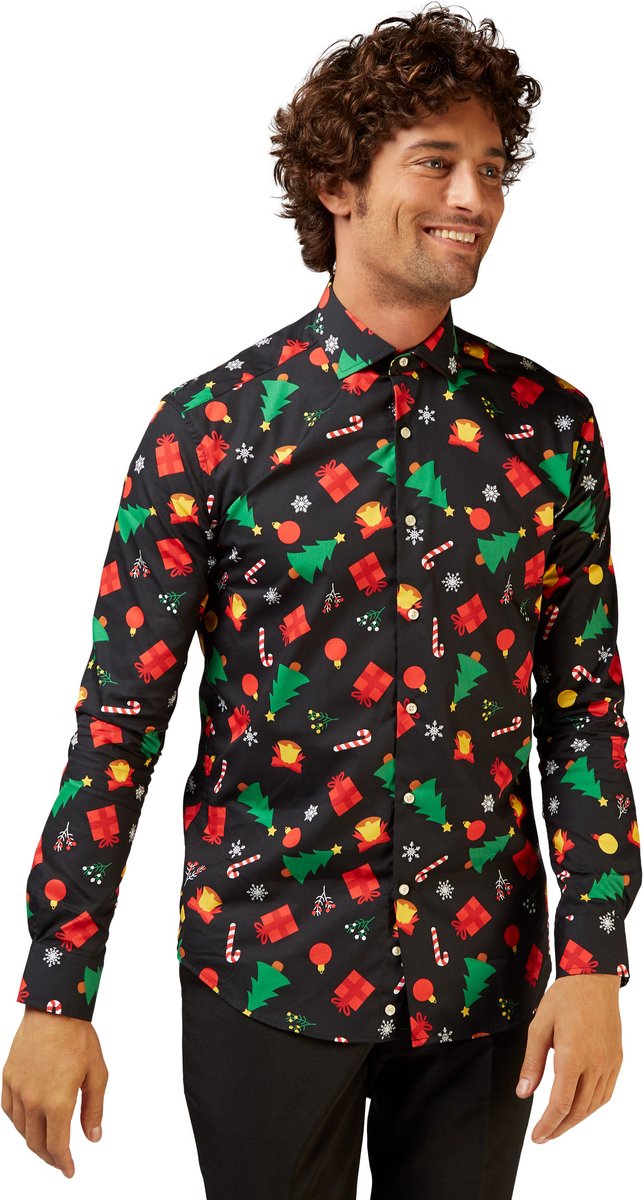 OppoSuits SHIRT LS Christmas Icons Black - Heren Overhemd - Kerstshirt - Zwart - Maat S