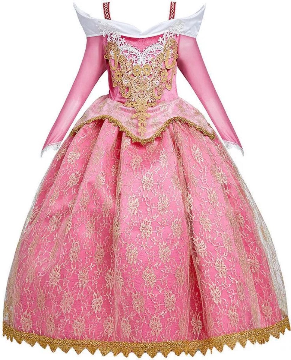 Prinses - Doornroosje luxe jurk - Doornroosje - Prinsessenjurk - Verkleedkleding - Roze - Maat 134/140 (8/9 jaar)