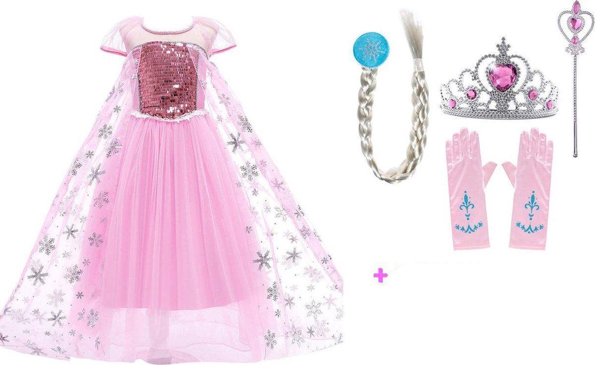 Prinsessenjurk meisje - Frozen jurk - Elsa - Prinsessen Verkleedkleding - maat 134/140 - Roze - Handschoenen - Elsa Vlecht - Toverstaf - Tiara