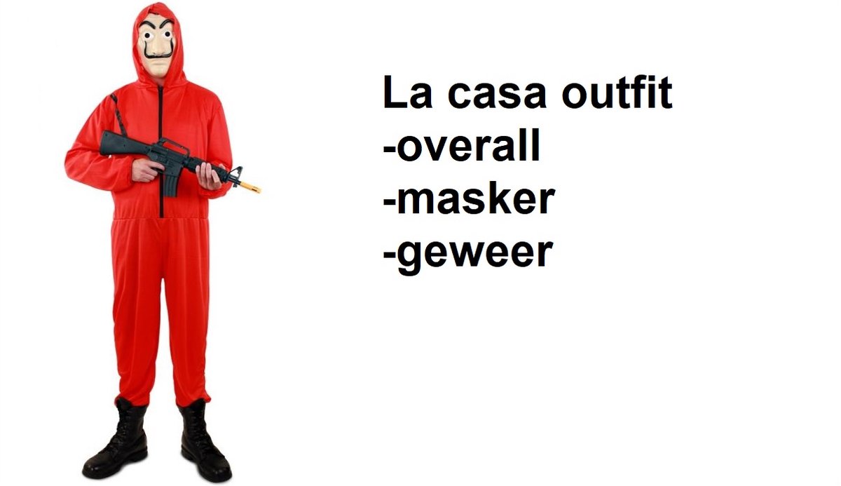 Rode overall outfit met masker M/L + geweer - La casa de papel festival Halloween thema feest festival film