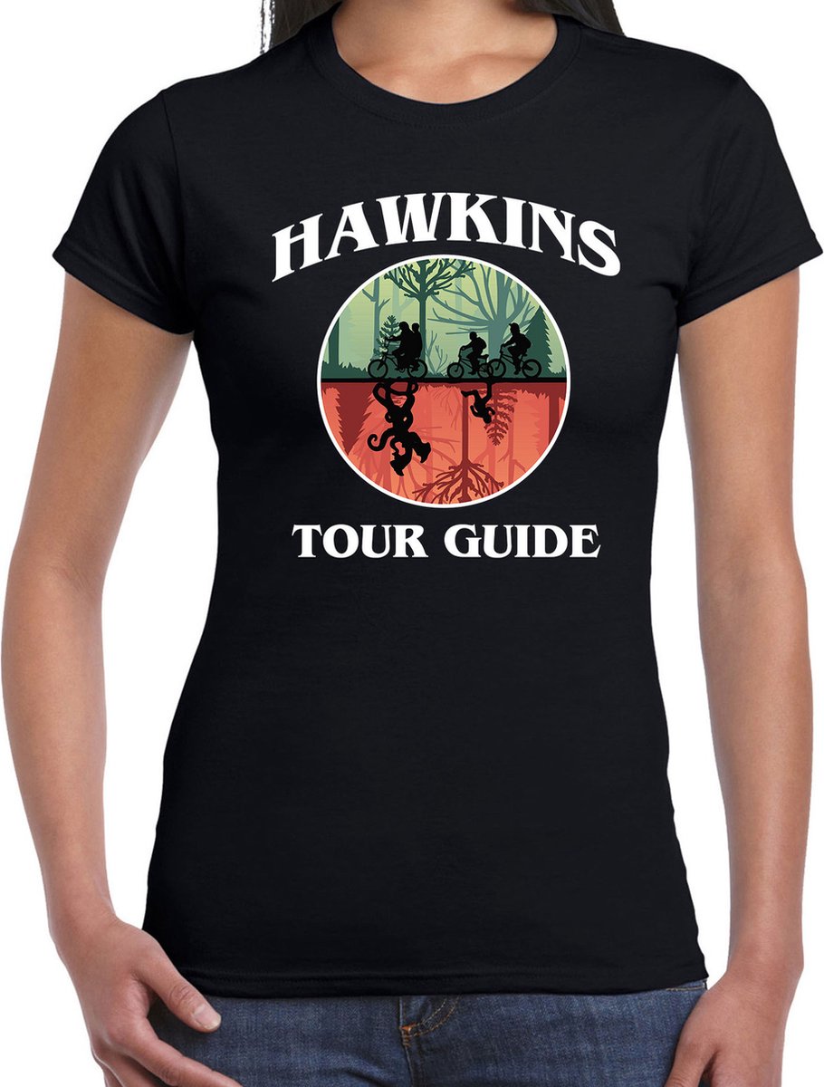 Stranger Halloween verkleed shirt hawkins tour guide zwart - dames - horror shirt / kleding / kostuum XS