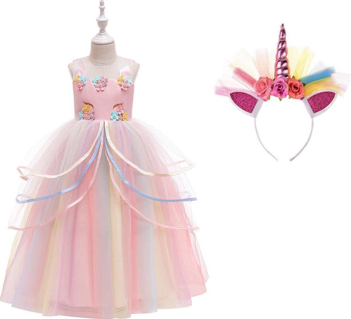 Unicorn Jurk | Eenhoorn Jurk | Prinsessenjurk Meisje | Verkleedkleren Meisje |maat 134/140| Prinsessen Verkleedkleding | Carnavalskleding Kinderen |+ Haarband | Roze