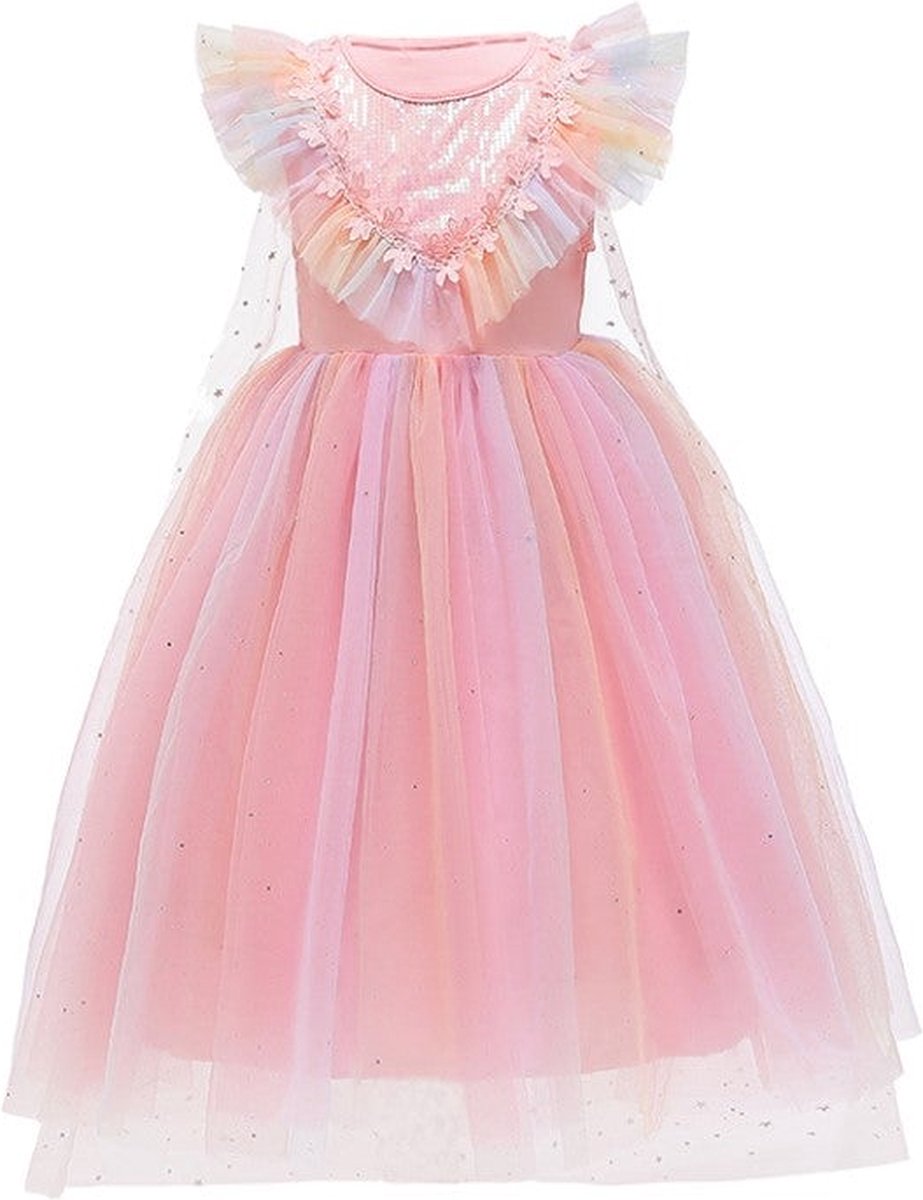 Unicorn - Roze zomerjurk met cape - Prinsessenjurk - Verkleedkleding - Maat 122/128 (6/7 jaar)