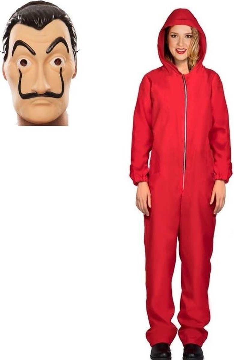 Verkleed set overall rood voor dames maat L- masker La casa de Papel