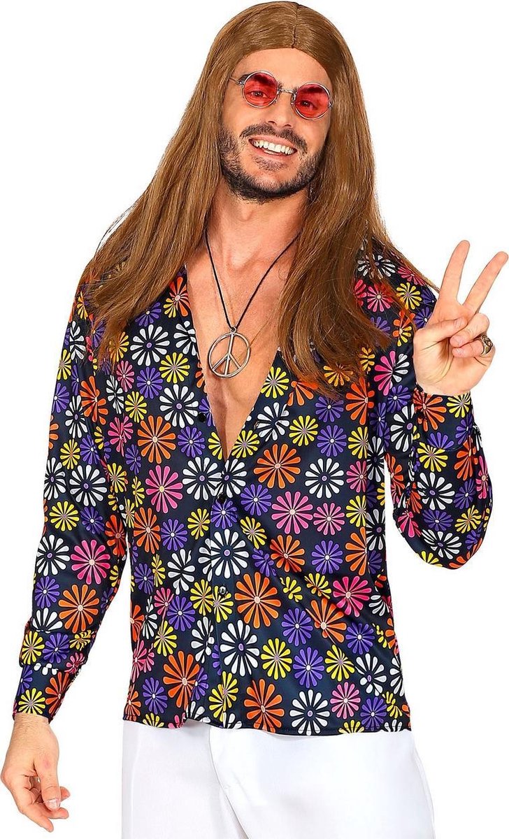 Widmann - Hippie Kostuum - Shirt Vol Madeliefjes Hippie Man - paars,multicolor - Small / Medium - Carnavalskleding - Verkleedkleding